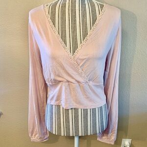 NWT Crop Top XL BP Wrap Front Lace Trim Pink Smoke Boho Long Balloon Sleeves